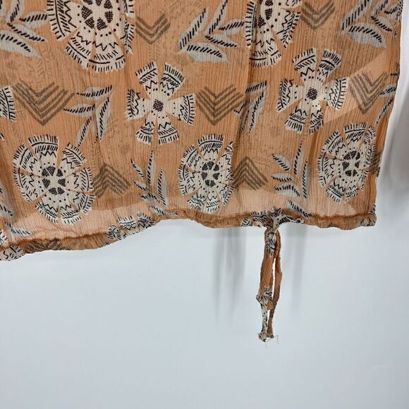Lucky Brand Top Size Small Women Coral Silk Riviera Floral Print Peasant Sheer - Picture 3 of 8